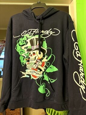Ed Hardy Black Hoodie with Green and White Skull Graphic